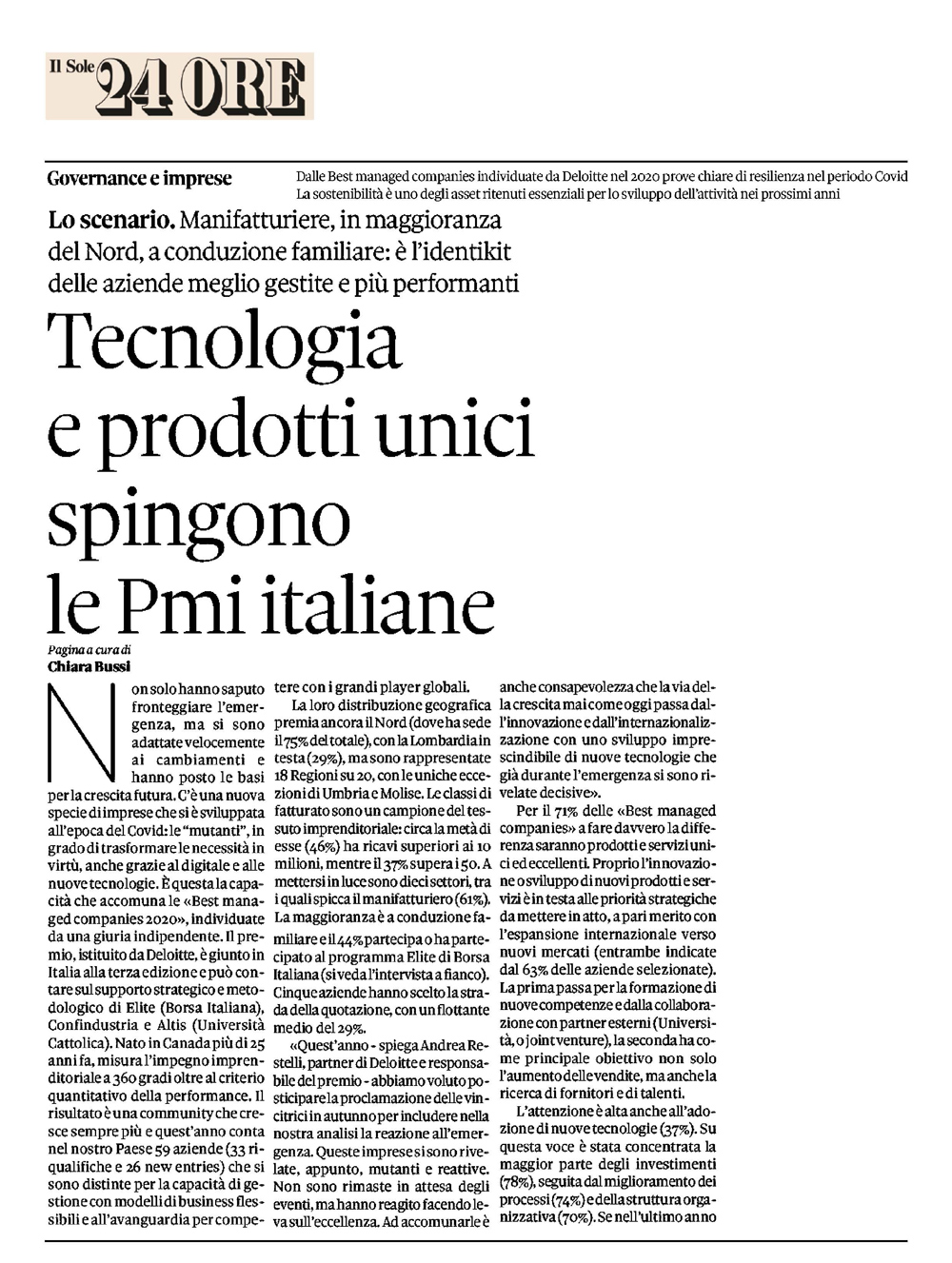 Il Sole24Ore: Focchi tra le premiate "Best managed companies" da Deloitte